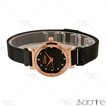 ساعت دیور زنانه قاب رزگلد بند حصیری مشکی 104461