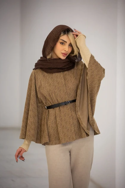 پالتو پانچ ژاکارد کمربنددار