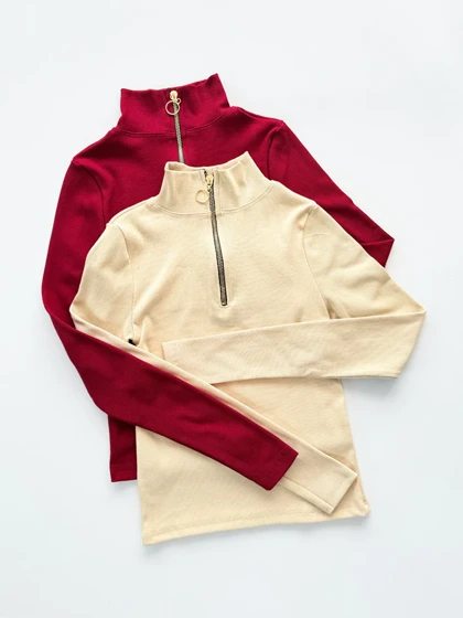 بلوز کبریتی یقه هفت سانتی نیم زیپ