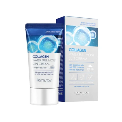 کرم ضد آفتاب بدون رنگ آبرسان فارم‌استی Farm Stay مدل Collagen Water SPF 50 وزن 50 گرم مناسب انواع پوست