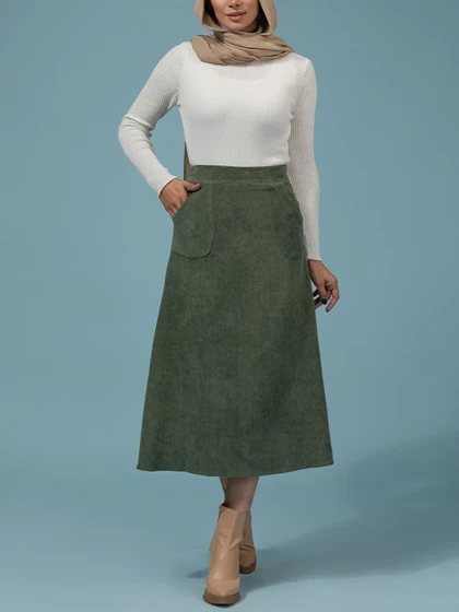 دامن زنانه مخمل کله قندی میدی جیب‌دار 20108