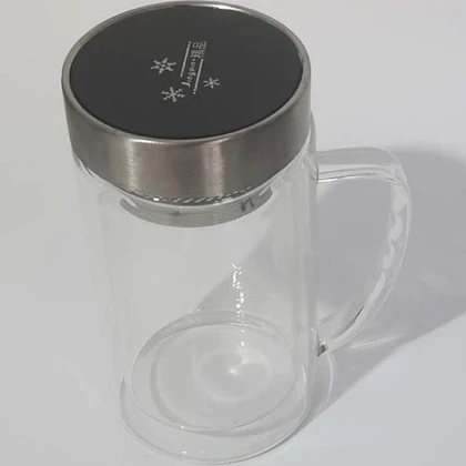 لیوان دمنوش دو جداره پیرکس با درب استیل 400 میلی لیتر