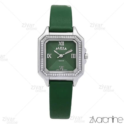 ساعت الکسا اسپشیال A2019 زنانه صفحه سبز دور نگین بند چرمی 106215