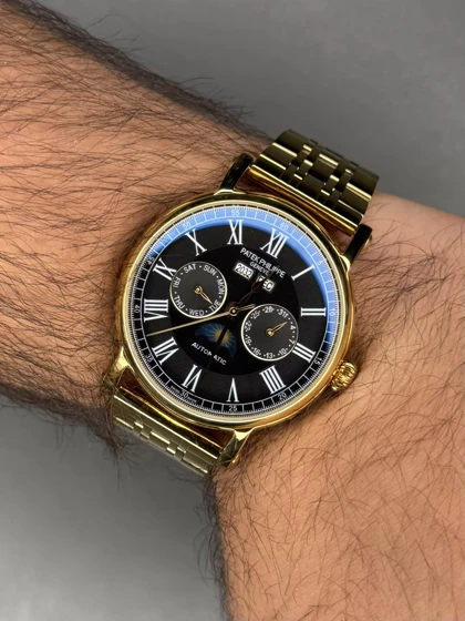 ساعت مچی پتک فیلیپ فول دیت بند طلایی صفحه مشکی Patek Philippe