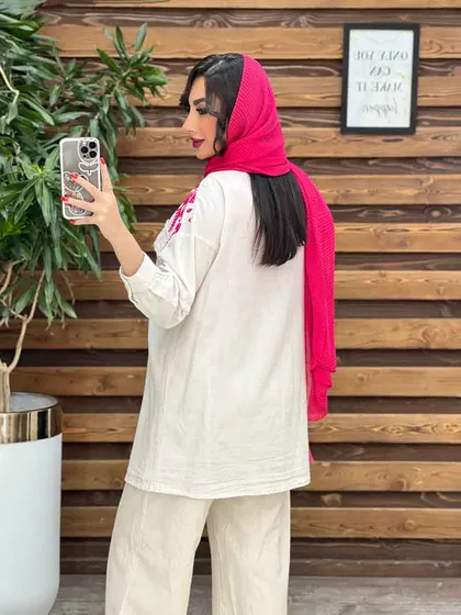 مانتو لینن گلدوزی آستین ریش