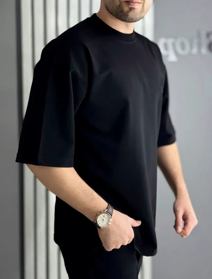 تیشرت لش بیسیک مشکی مردانه پارچه نخ پنبه ماکان گرم بالا