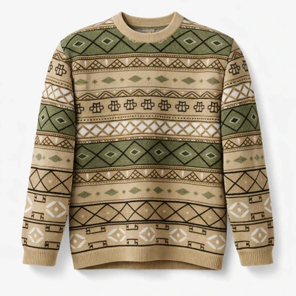 پلیور بافتنی وینتیج رنگ سبز و کرم طرح سنتی ایرانی فوق‌العاده شیک باکسی