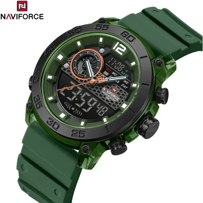 ساعت مچی اورجینال نیوی فورس NF6104 سه زمانه سبز قاب مشکی مدل m-10374