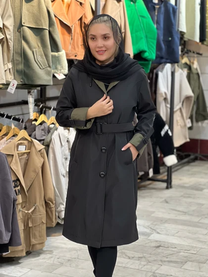 بارانی بلند زنانه مدل دو رنگ جنس سانتانا گرم بالا