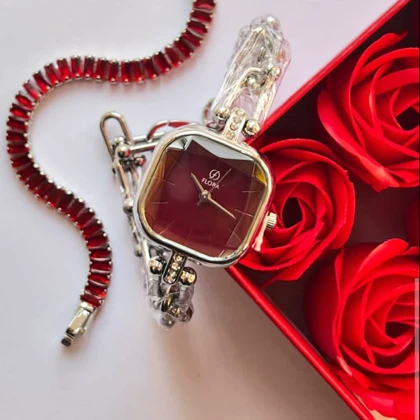 ساعت مچی زنانه فلورا بند مدل تیفانی صفحه قرمز(چری)