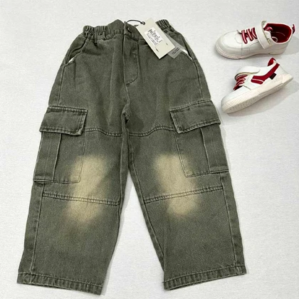 شلوار کارگو جین بچه گانه سنگشورشده 6 جیب اورجینال