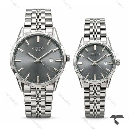 ست عروس دامادی سیکو VIP رفرنس 31622 نقره ای صفحه دودی Seiko-11524-S