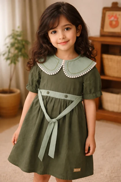 سارافون دخترانه یقه گلدوزی لینن سایز 40 / 45 / 50 کد 727