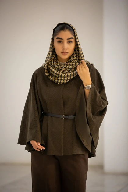 پالتو پانچ ژاکارد کمربنددار