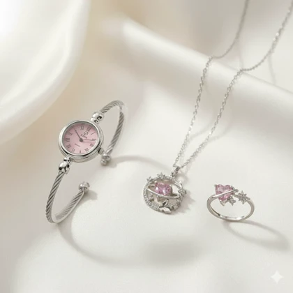 ست زنانه ساعت و گردنبند و انگشتر مدل ماه و ستاره-نقره ای ویژه