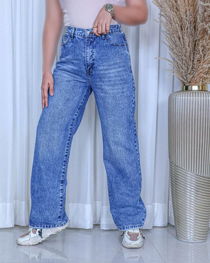 خرید شلوار جین نیم بگ زنانه آبی دریایی پشت کمر کش Ocean Blue Semi Baggy Jeans کد 911300