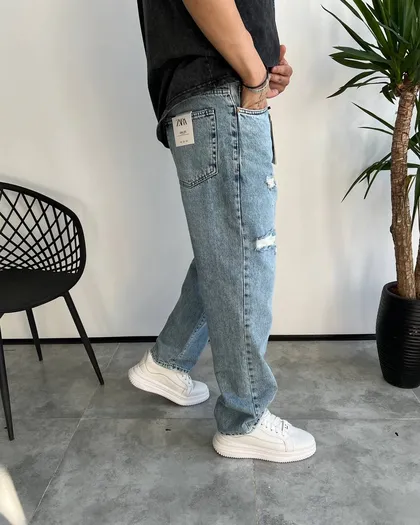 شلوار بگ استایل ابی یخی زاپ‌دار ZARA