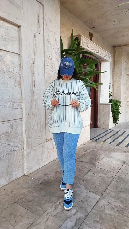 پلیور بافت راه راه زنانه سفید طرح رها
