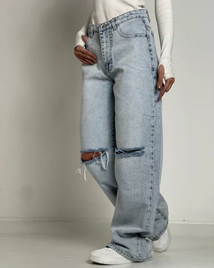 شلوار فول بگ زانو زاپ آبی روشن کد 1000204