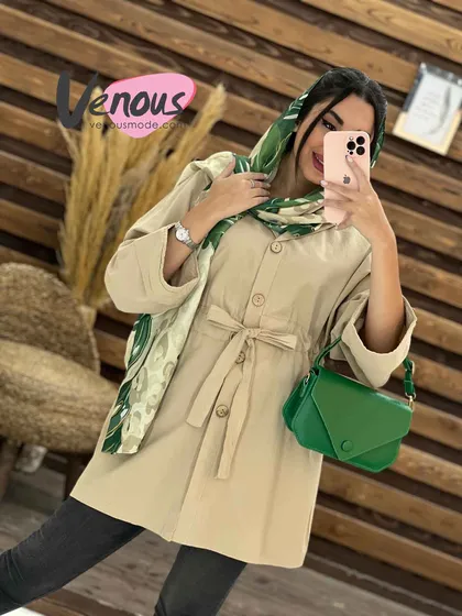 مانتو لینن کمرگت دکمه چوبی