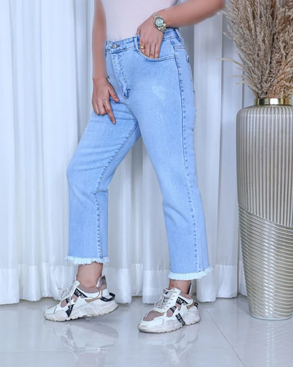 خرید شلوار واید استریت زنانه آبی آسمانی دمپا ریش Sky Blue Wide Straight Jeans کد 910600
