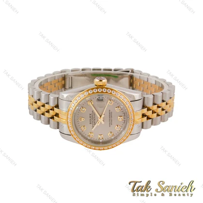ساعت رولکس زنانه دورنگ طلایی دورنگین صفحه طوسی Rolex-4849-L