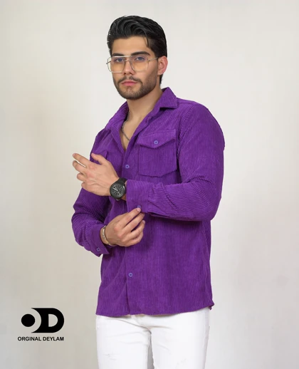 پیراهن مخمل کبریتی بنفش مردانه دو جیب پارچه پنبه اعلا