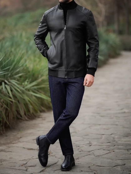 کاپشن چرم طبیعی مشکی j151