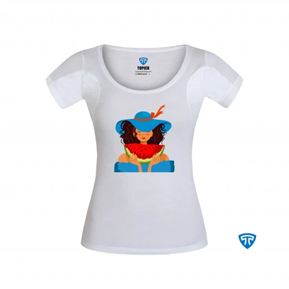 تیشرت ضدتعریق زنانه سفید طرح دختر کلاه آبی
