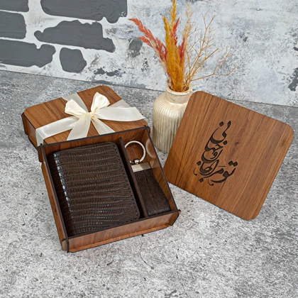 ست هدیه چرم کیف پول چرم جیبی مردانه چرم طبیعی مدل 3لت طرح لیزارد