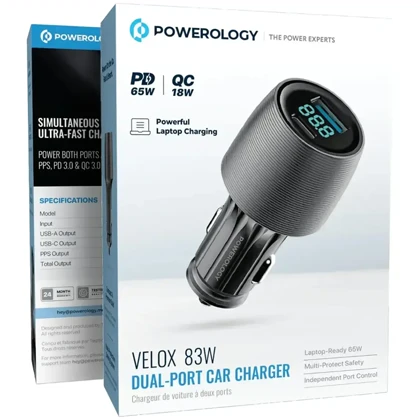 شارژر فندکی فست شارژ پاورولوژی powerology مدل PCCSR020 توان 83 وات