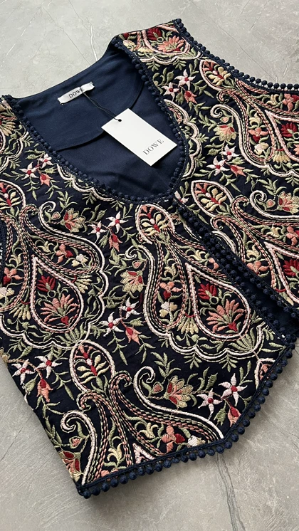 وست لینن گلدوزی سرمه ای