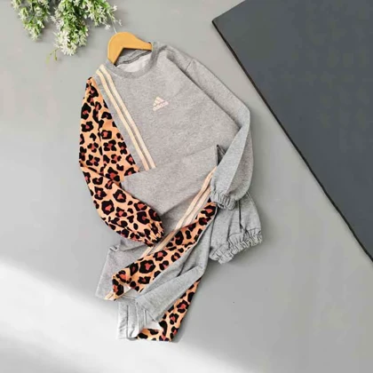 بلوز شلوار دخترانه طوسی طرح پلنگی تنیجری