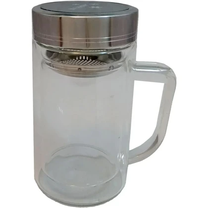 لیوان دمنوش دو جداره پیرکس با درب استیل 400 میلی لیتر