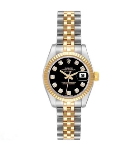 ساعت رولکس دیت جاست زنانه دورنگ طلایی صفحه مشکی ایندکس نگین Rolex Datejust