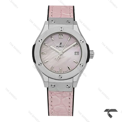 ساعت هابلوت مینی زنانه استیل بند چرم طرح دار صورتی Hublot-10635-L