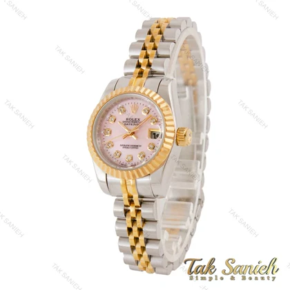 ساعت رولکس زنانه دو رنگ طلایی صفحه صورتی ایندکس نگین Rolex-5027-M-L