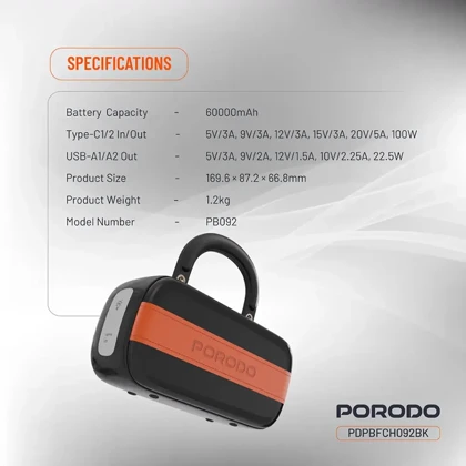 پاور بانک 60000 پورودو Porodo مدل PDPBFCH092BK توان 100 وات
