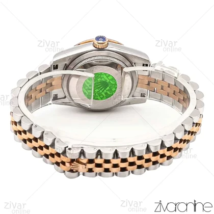 ساعت رولکس دیت جاست زنانه رزگلد نقره ای صفحه بنفش دور نگین 106303