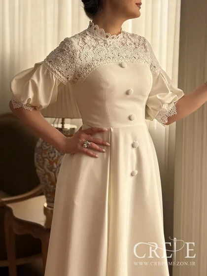 پیراهن میدی بالاتنه گیپور آستین پفی