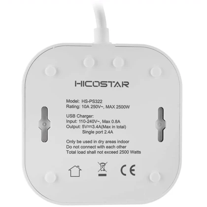 چند راهی برق 8 سوکت 2500 وات، دو USB و دو تایپ‌سی هایکواستار Hicostar HS-PS322