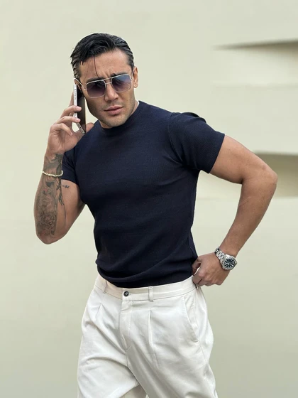 تیشرت کبریتی فیت شرت سرمه ای