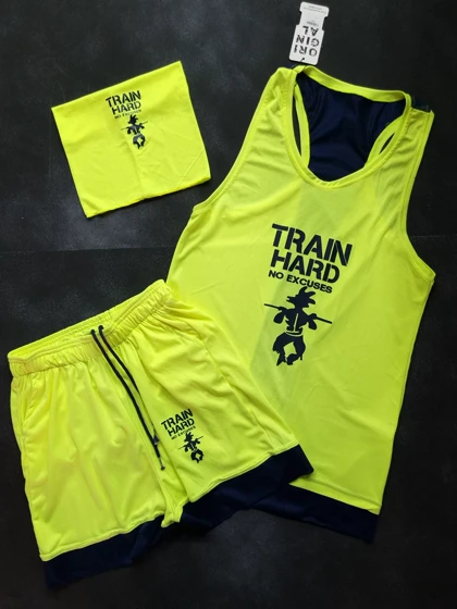 ست 3تیکه رکابی و شلوارک و اسکارف train hard