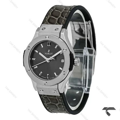 ساعت هابلوت زنانه مینی استیل بند چرم طرح دار ذغالی Hublot-10638-L
