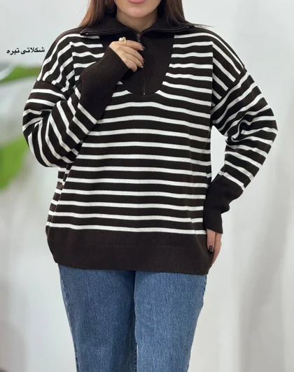 پلیور بافت ترک یقه زیپ راه راه
