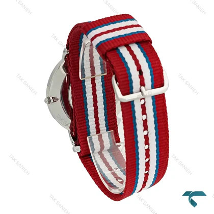 ساعت مچی مردانه DW رزگلد صفحه مشکی بند برزنتی قرمز آبی سفید DW-7235-G