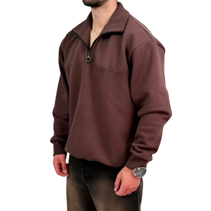 دورس مردانه یقه نیم زیپ قهوه ای طرح ساده