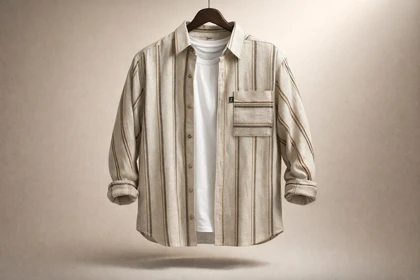 پیراهن پشمی مردانه راه راه بژ با خطوط قهوه‌ای و خاکستری_اورجینال دیلم