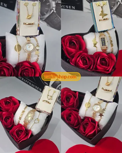 باکس هدیه زنانه ست ساعت نگینی و نیمست