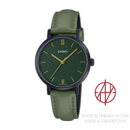 ساعت مچی زنانه کاسیو (Casio) مدل LTP-VT02BL-3AUDF (مینیمال، قاب مشکی، بند و صفحه سبز با جزئیات طلایی)